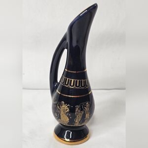 Vintage 5.5" Adis Black Greek Hand painted Vase  24K Gold detail W/Handle